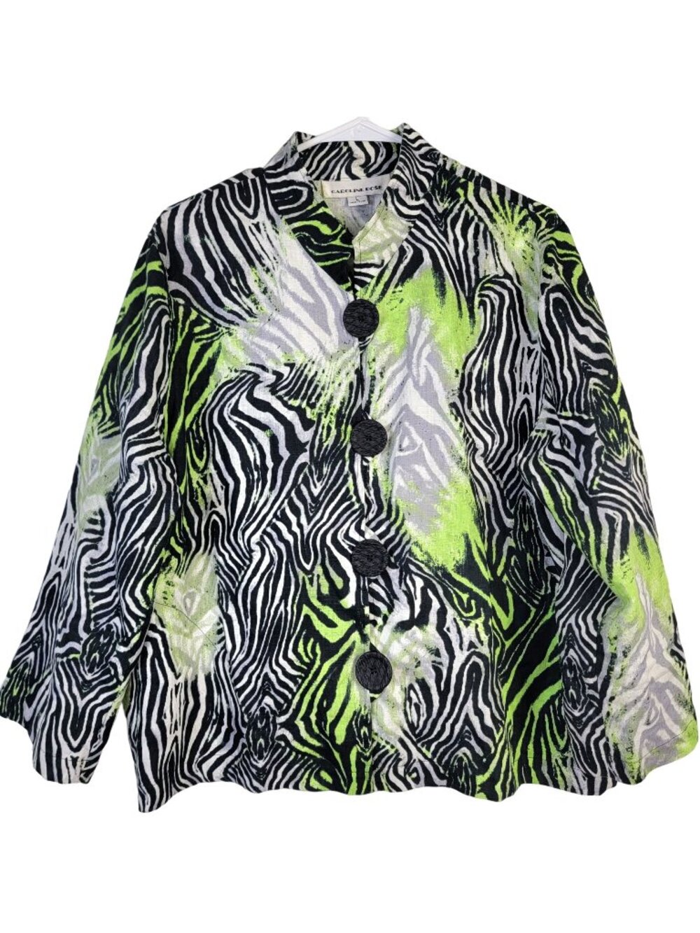 Vintage 80s Linen Blazer Jacket Women Large Colorful Wild Zebra Button Coat 14 L